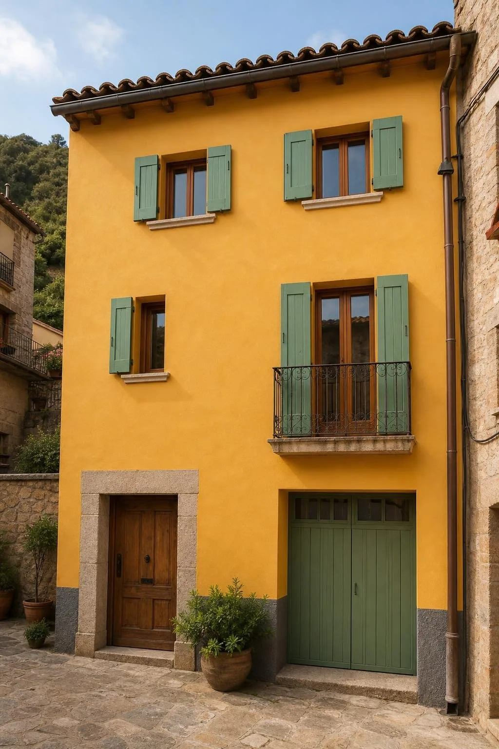 Casa de pueblo con fachada recién pintada en ocre