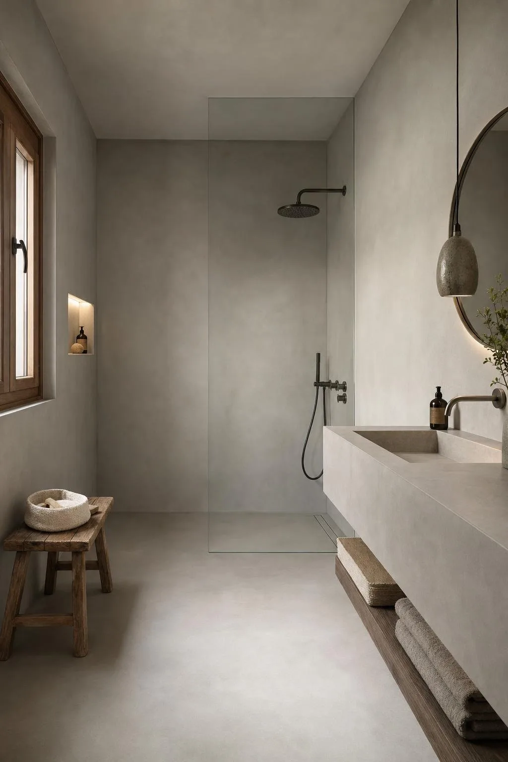 Baño de microcemento gris claro con ducha a ras de suelo