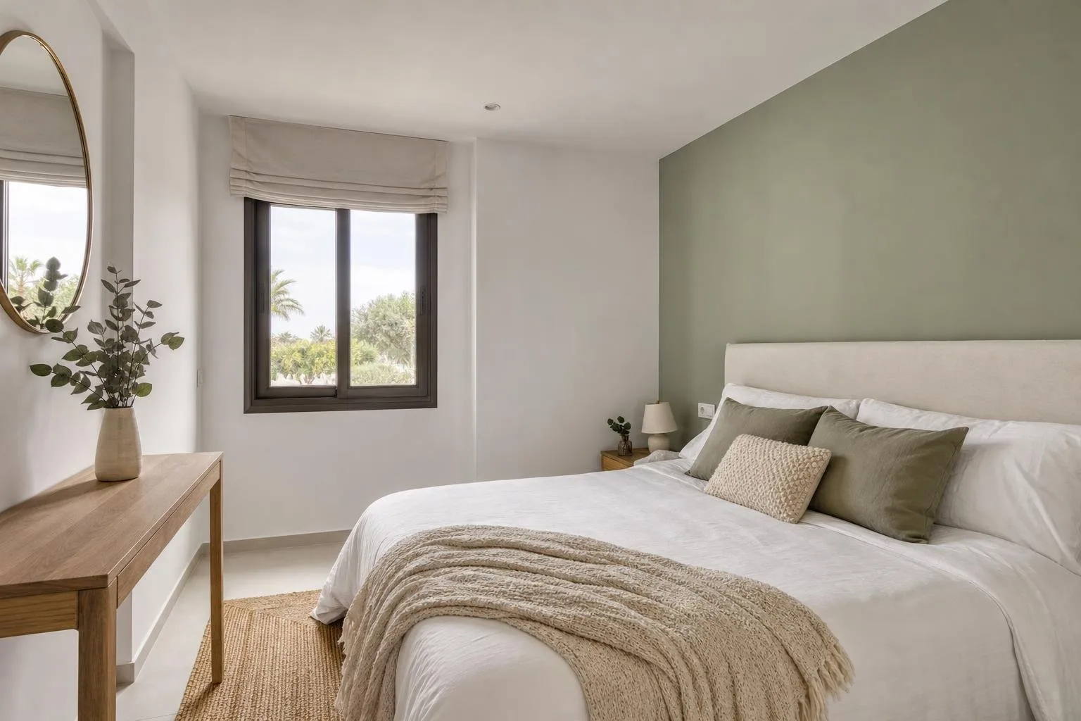 Dormitorio con una pared en verde salvia