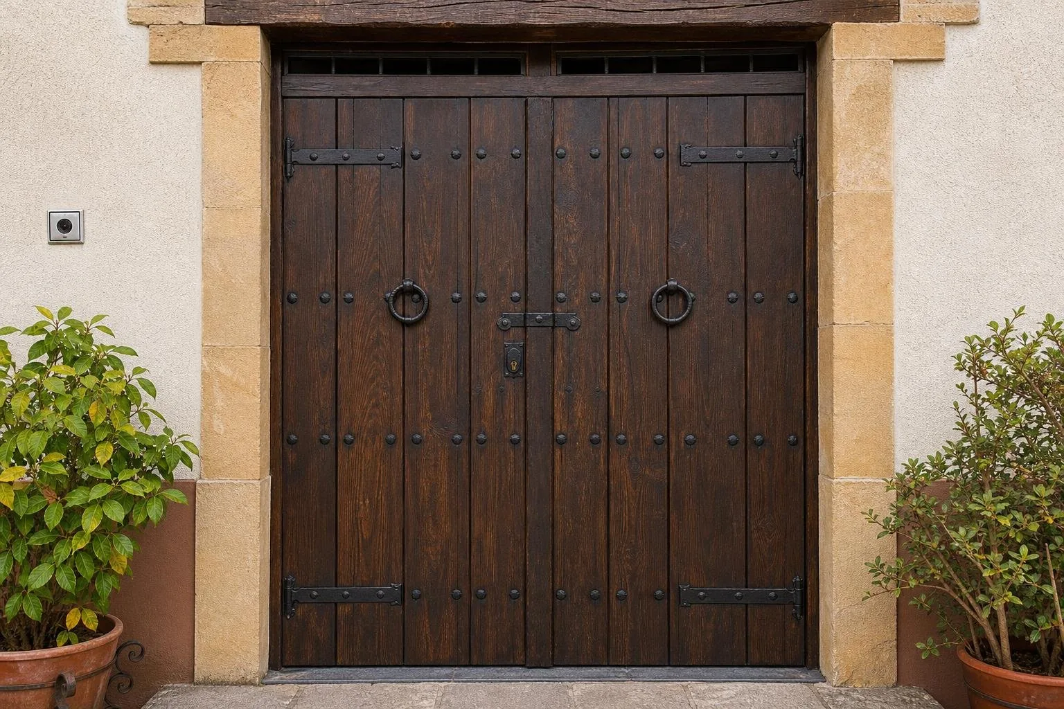 Puerta antigua de dos hojas restaurada con tinte oscuro